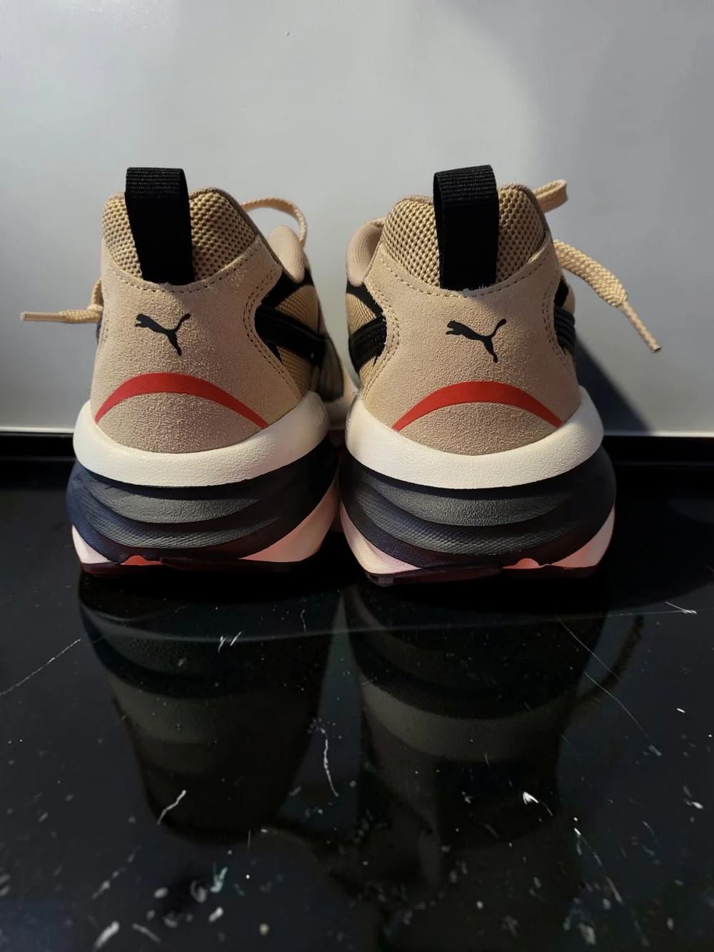 Puma Men's Beige and Black Running Sneakers with Coral Accents